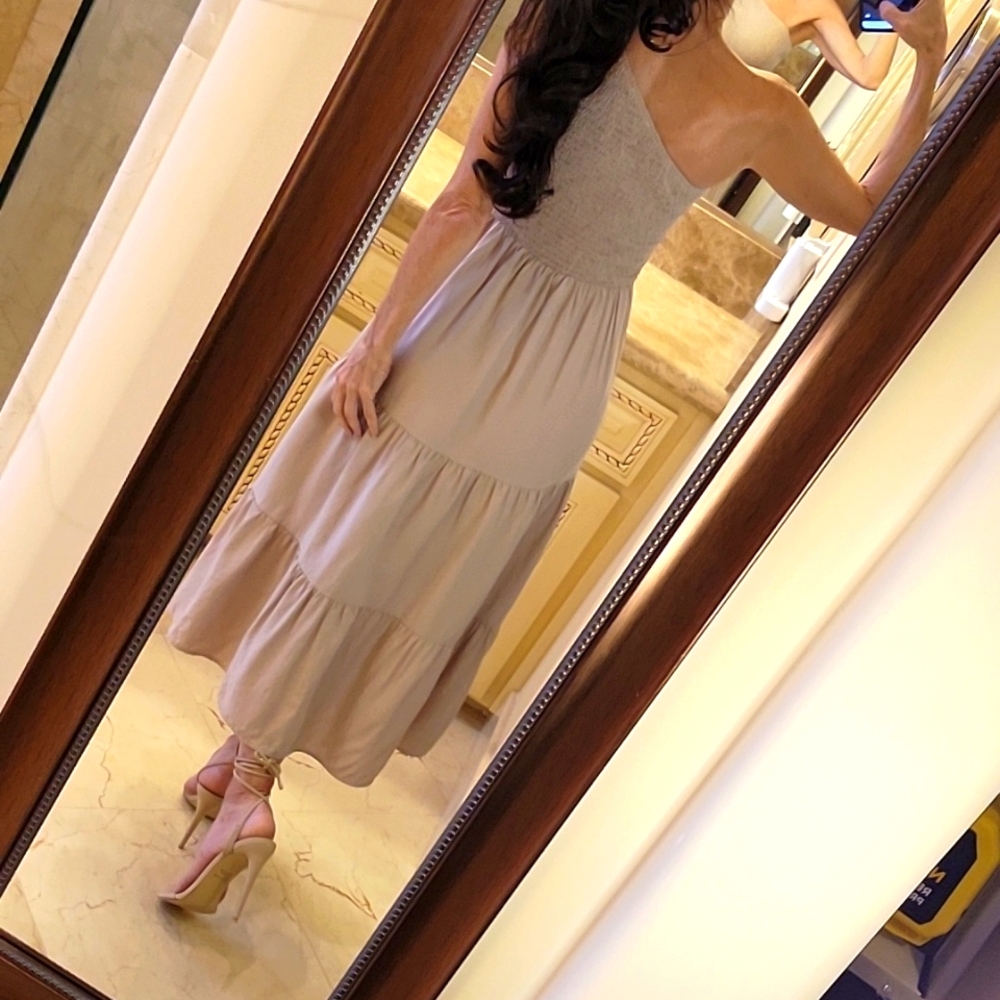 BTFBM Taupe One-shoulder Ruched Top & Flowy Tiered Bottom Summer Dress, S - Picture 12 of 14